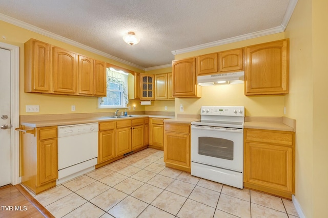 kitchen featuring white appliances, sink, crown molding, a textured ceiling, and light tile patterned flooring