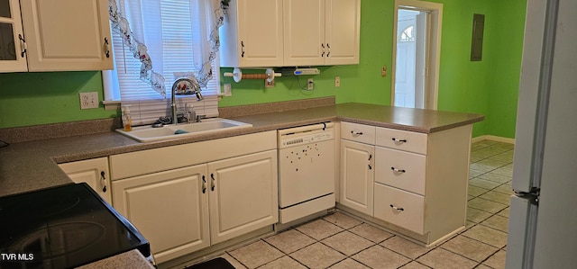 kitchen featuring white cabinets, white appliances, sink, and light tile patterned floors