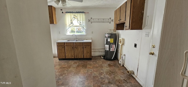 20286 Shadowood Cir, Meadowview, VA 24361 - kitchen with electric water heater, ceiling fan, dark stone finish flooring, light countertops, and brown cabinetry