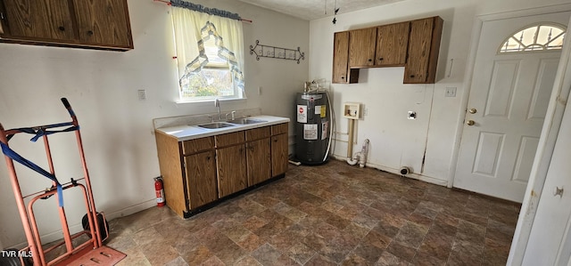 20286 Shadowood Cir, Meadowview, VA 24361 - kitchen featuring electric water heater, stone finish floors, light countertops, and brown cabinets