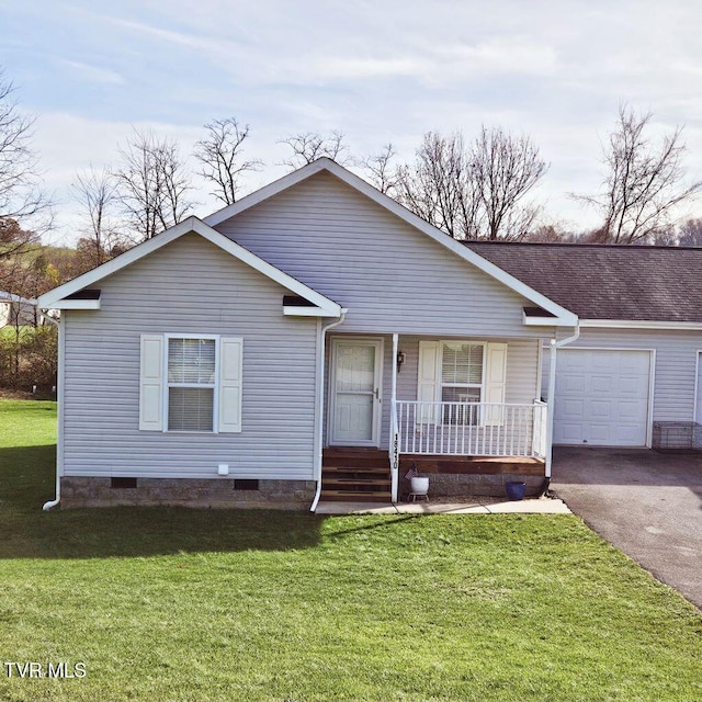 ranch-style home with a front lawn, a porch, and a garage