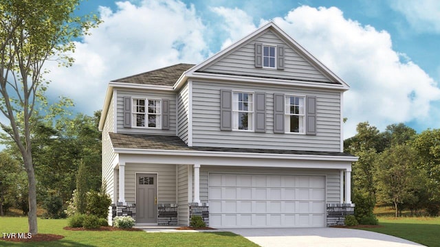 view of front of house featuring a front lawn and a garage