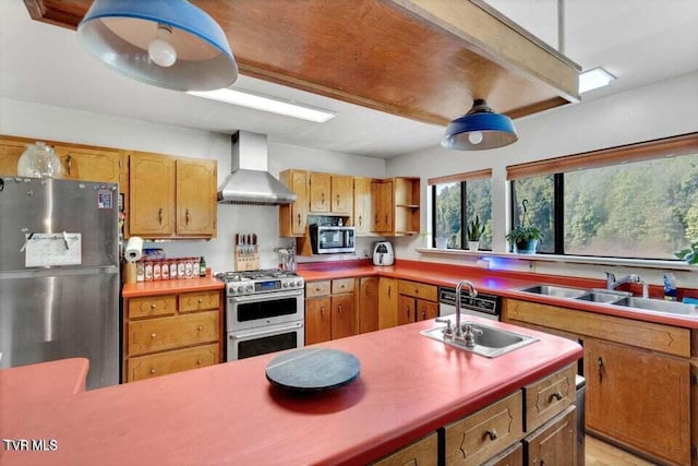 kitchen with wall chimney exhaust hood, light hardwood / wood-style floors, sink, and stainless steel appliances