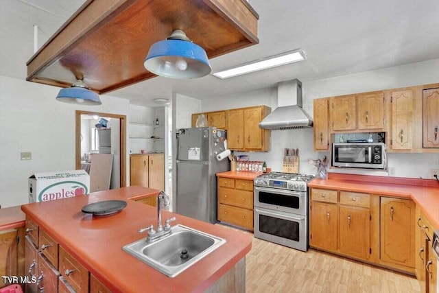 kitchen featuring light wood-type flooring, stainless steel appliances, wall chimney exhaust hood, and sink