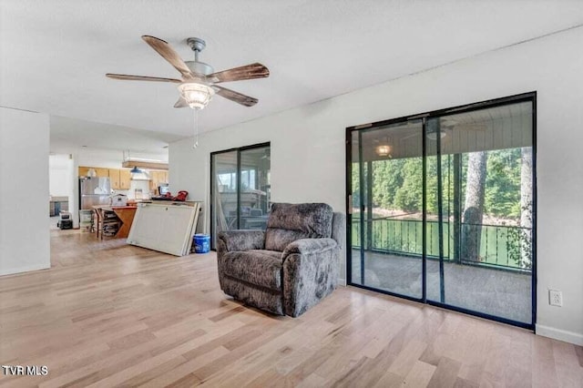 living area with ceiling fan, light wood-type flooring, and a wealth of natural light