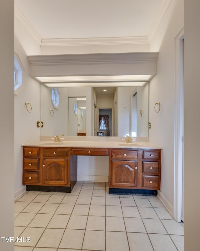 bathroom featuring tile patterned flooring, vanity, and crown molding