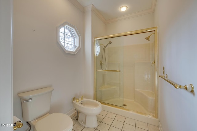 bathroom with tile patterned floors, a shower with door, a bidet, and toilet