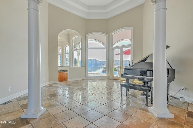 miscellaneous room with a towering ceiling and a healthy amount of sunlight