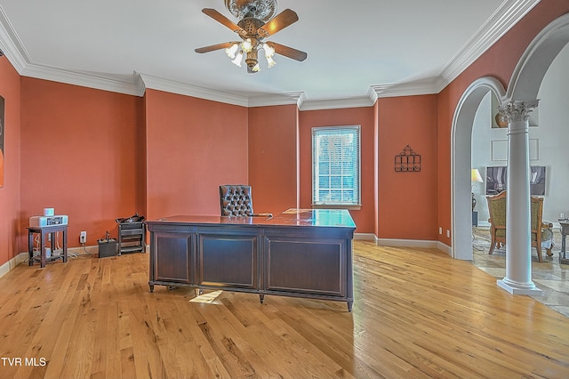 office with ornate columns, ceiling fan, light hardwood / wood-style floors, and ornamental molding