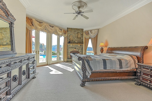 bedroom with access to exterior, french doors, carpet flooring, ornamental molding, and ceiling fan