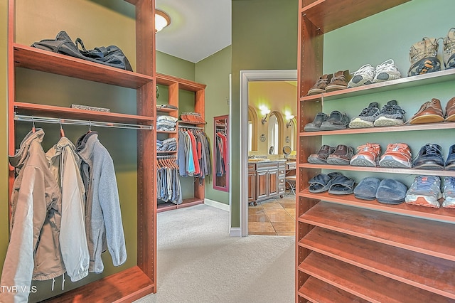 walk in closet featuring light carpet