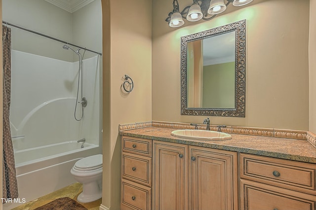 full bathroom featuring vanity, toilet, crown molding, and shower / washtub combination