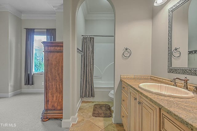 full bathroom with shower / bath combo, toilet, crown molding, and vanity