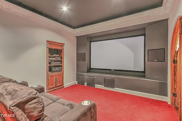 cinema featuring carpet floors, crown molding, and a tray ceiling