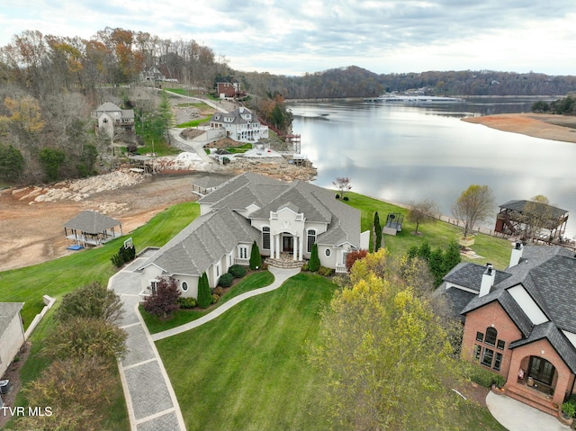 aerial view featuring a water view