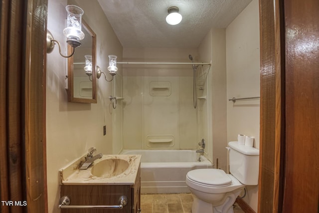 full bathroom with vanity, toilet, a textured ceiling, and bathtub / shower combination