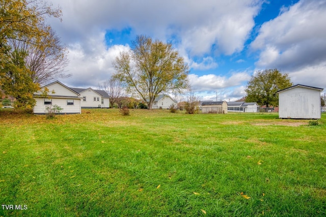 view of yard featuring a storage shed