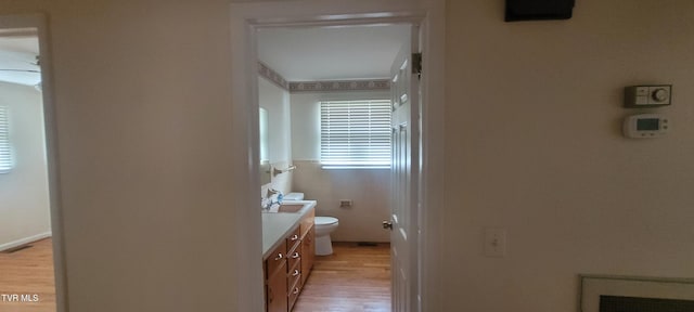 bathroom with vanity, hardwood / wood-style flooring, and toilet