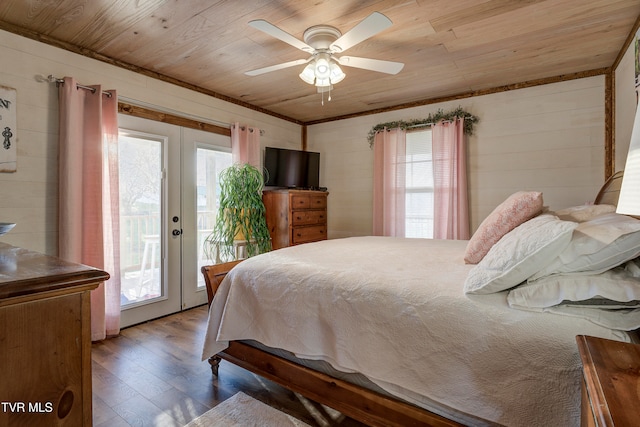 bedroom with access to outside, french doors, hardwood / wood-style flooring, ceiling fan, and wood ceiling