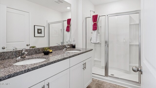1711 Fox Meadows Cir, Bluff City, TN 37618 - bathroom featuring a sink, visible vents, double vanity, and a shower stall
