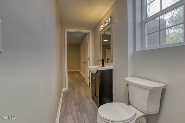 bathroom with vanity, hardwood / wood-style flooring, and toilet