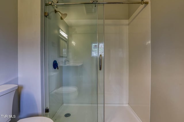 bathroom featuring toilet and a shower with door