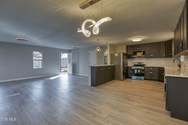 kitchen featuring pendant lighting, an inviting chandelier, sink, light hardwood / wood-style floors, and stainless steel appliances