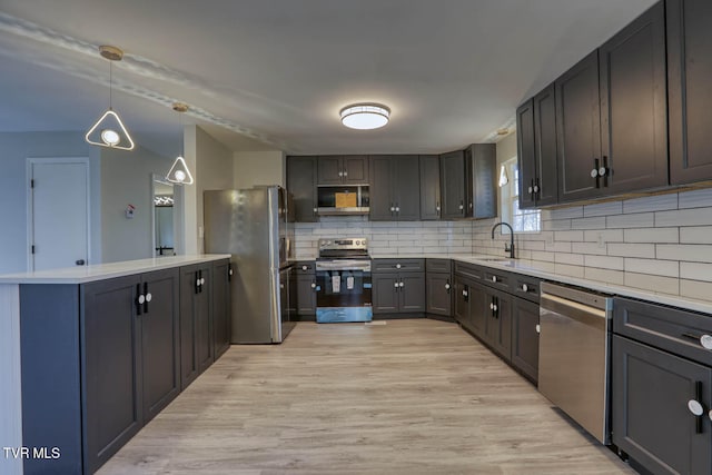 kitchen with pendant lighting, sink, decorative backsplash, light wood-type flooring, and stainless steel appliances