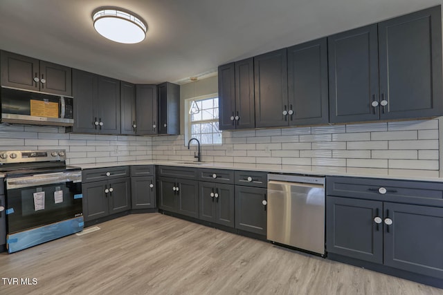 kitchen with backsplash, light hardwood / wood-style floors, sink, and appliances with stainless steel finishes