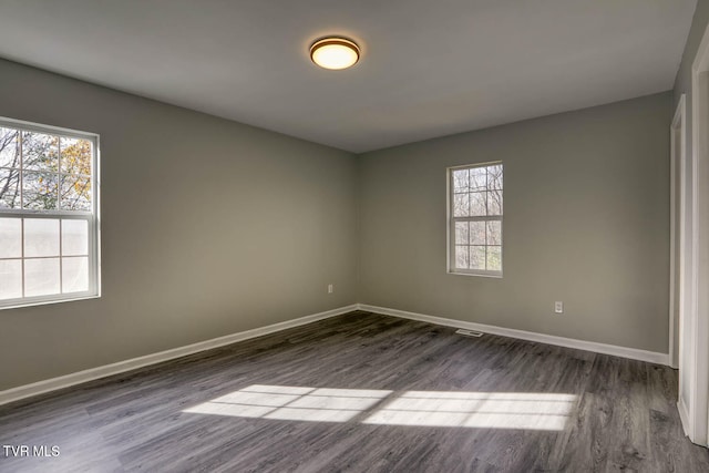 spare room featuring dark hardwood / wood-style flooring and plenty of natural light