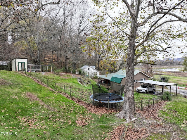 view of yard featuring a storage unit, a carport, and a trampoline