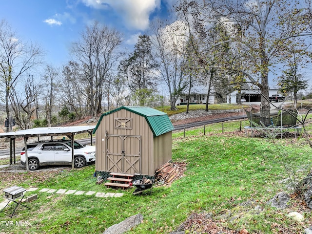 view of outdoor structure featuring a trampoline, a carport, and a lawn