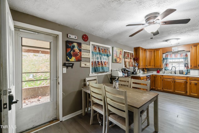 dining area with a healthy amount of sunlight, a textured ceiling, and light hardwood / wood-style floors