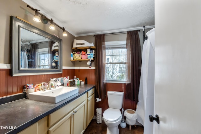 bathroom with vanity, wood walls, crown molding, toilet, and a textured ceiling