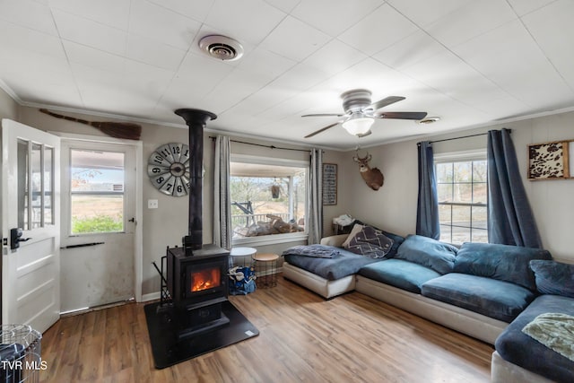 living room with hardwood / wood-style flooring, a healthy amount of sunlight, a wood stove, and ornamental molding