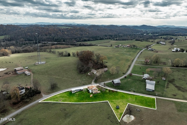 birds eye view of property featuring a mountain view and a rural view