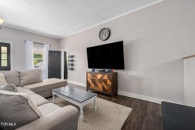 living room featuring dark wood-type flooring and ornamental molding