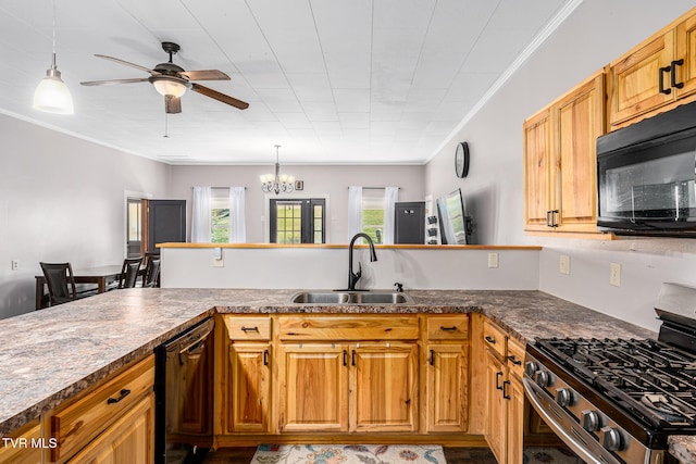 kitchen with ceiling fan with notable chandelier, crown molding, sink, black appliances, and decorative light fixtures