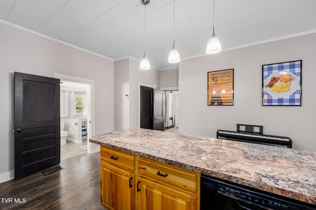 kitchen featuring pendant lighting, dishwasher, ornamental molding, light stone counters, and dark hardwood / wood-style flooring