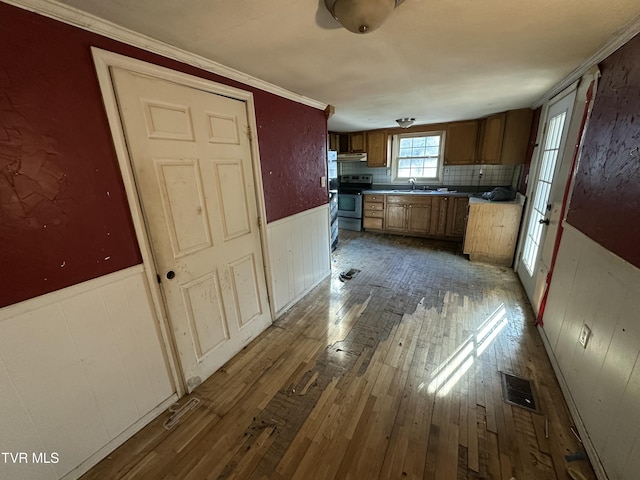 kitchen with electric range, sink, dark wood-type flooring, decorative backsplash, and ornamental molding