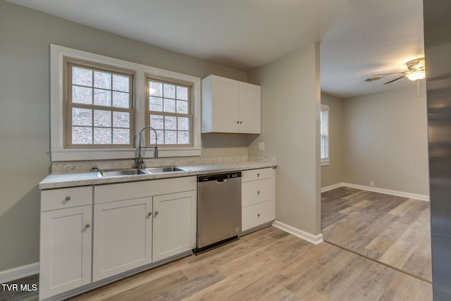 kitchen featuring ceiling fan, sink, stainless steel dishwasher, white cabinets, and light wood-type flooring