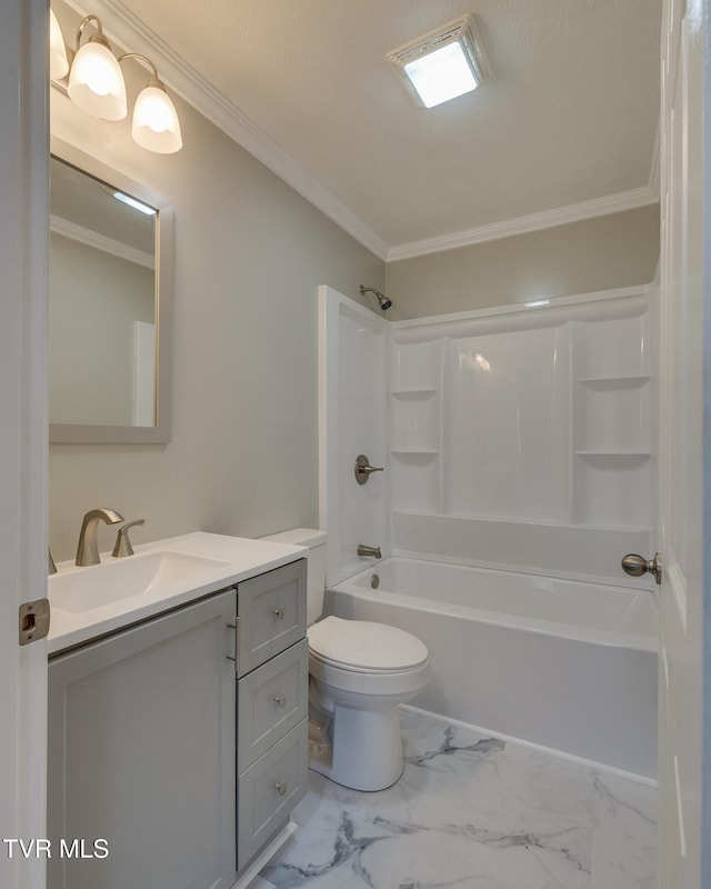 full bathroom with vanity,  shower combination, toilet, and ornamental molding