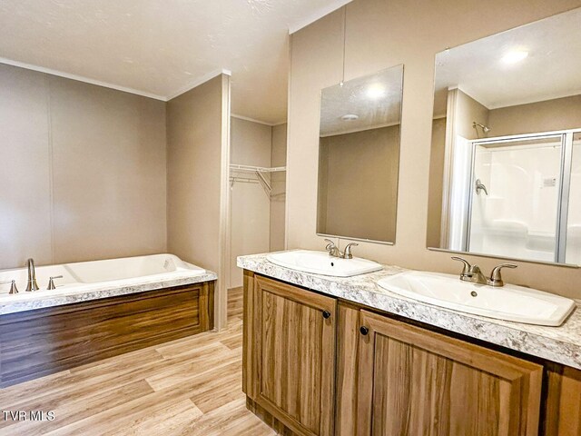 307 Bungalow Dr, Dandridge, TN 37725 - bathroom with ornamental molding, vanity, independent shower and bath, and hardwood / wood-style flooring