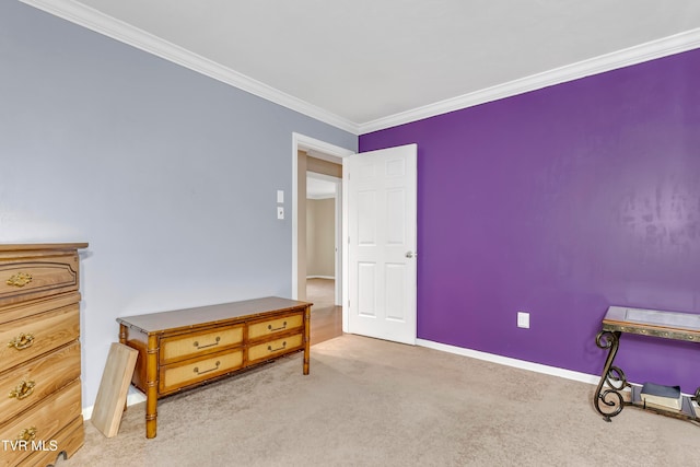 carpeted bedroom featuring ornamental molding