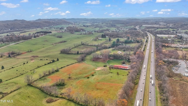 birds eye view of property with a mountain view and a rural view