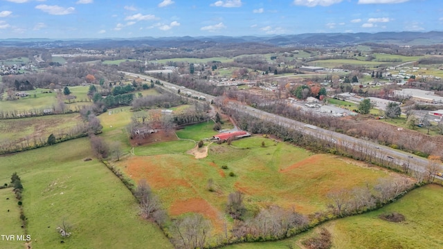 birds eye view of property featuring a mountain view and a rural view