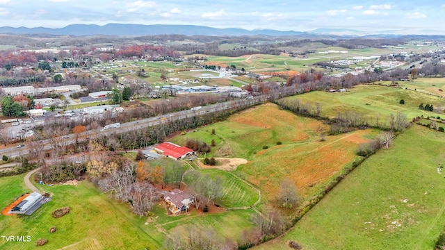 bird's eye view featuring a mountain view and a rural view