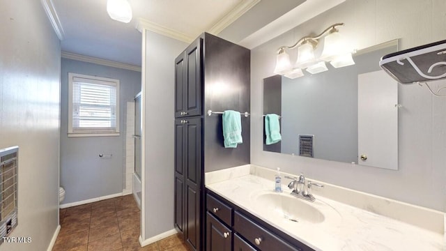 full bathroom featuring vanity, shower / bath combination with glass door, crown molding, tile patterned flooring, and toilet