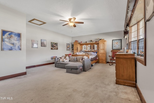 106 W Sycamore Ave, Big Stone Gap, VA 24219 - bedroom with attic access, light colored carpet, baseboards, a textured ceiling, and a ceiling fan