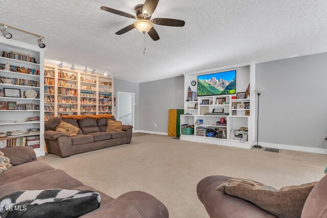 106 W Sycamore Ave, Big Stone Gap, VA 24219 - living area with a textured ceiling, a ceiling fan, baseboards, carpet, and track lighting